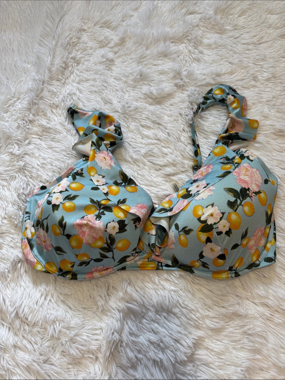 Victoria's Secret Lemon Print Ruffle Bikini Top Size 38DDD